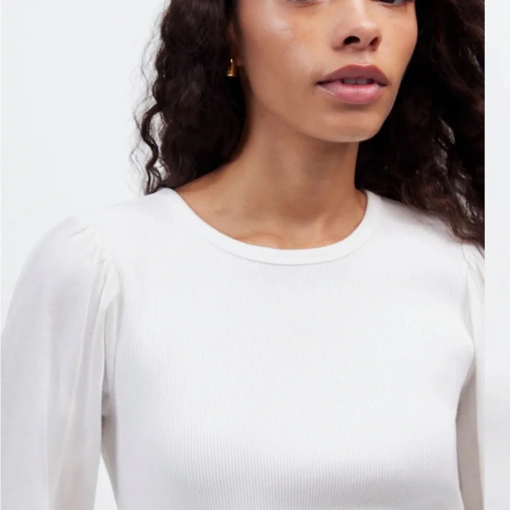 Madewell Ribbed Puff‎ Sleeve Top White Long Sleeve S Cotton